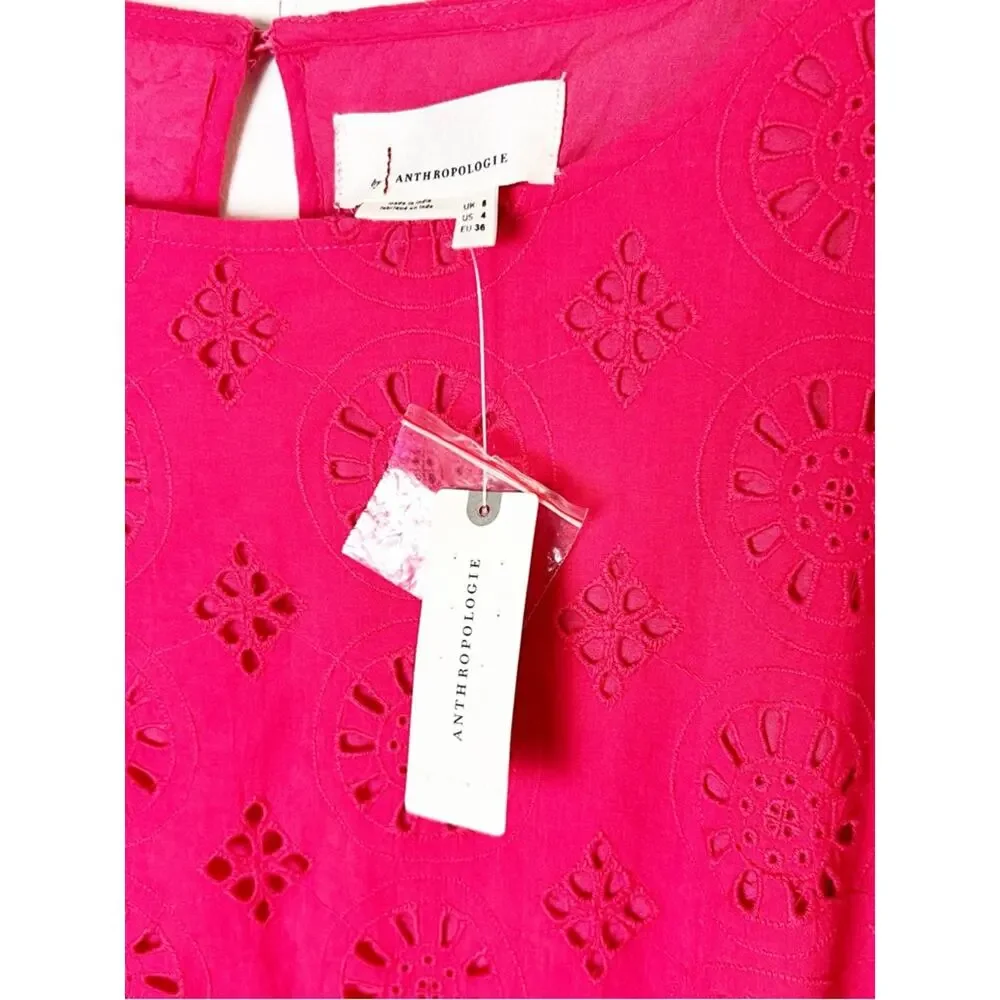 NWT SZ 4 Anthropologie Hot Pink Eyelet Ruffle Shift Dress